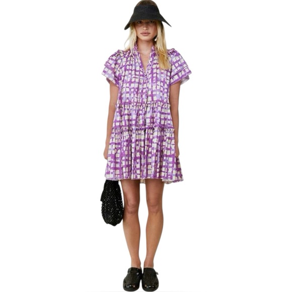 Hunter Bell Merritt Dress Lavender Cream Cotton Mini Flutter Sleeve Size Medium